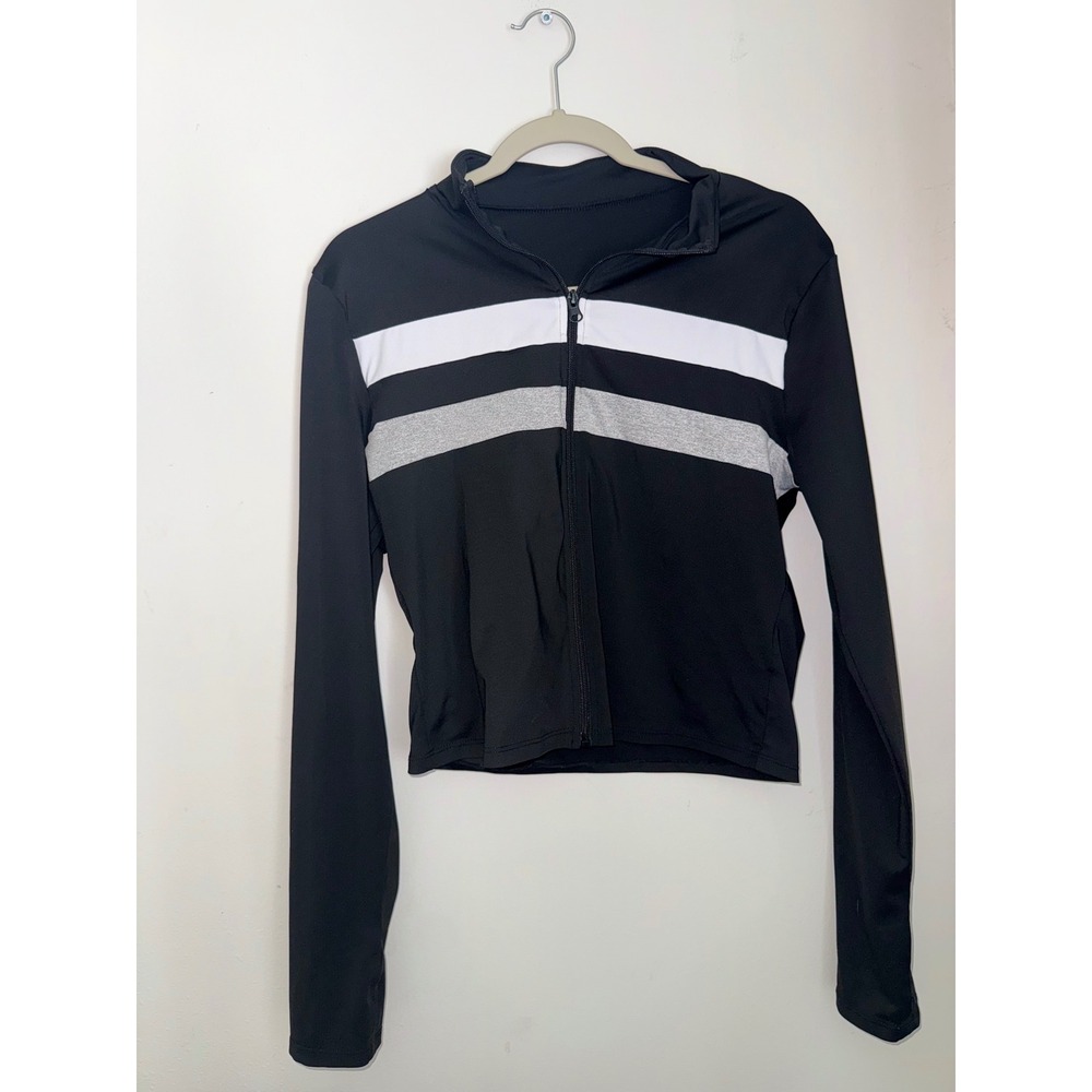 SHEIN Women Black Striped Cropped Zip Up Mock Neck Activewear Jacket Size XL